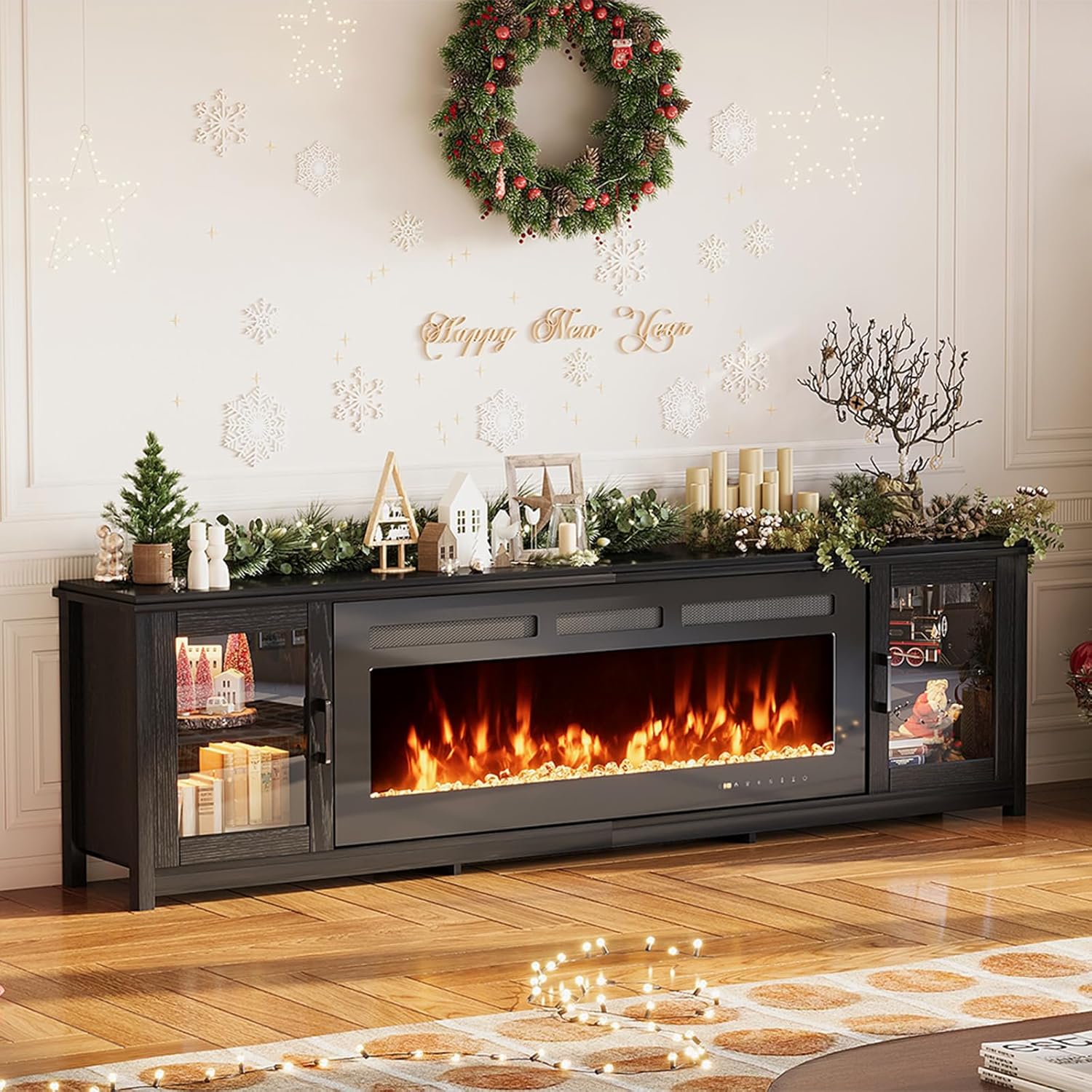 MXV 80" Fireplace TV Stand, Modern Entertainment Center with 50 Inch Smart Fireplace, Adjustable Shelf & Glass Door, Fire Place with WI-FI Enabled, TV Console for Living Room, Black