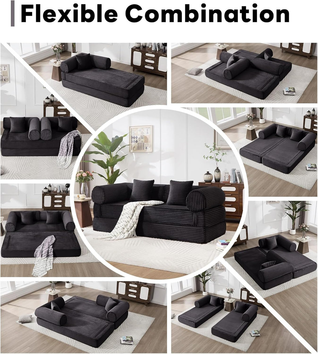 Tbfit 79'' Convertible Sofa Bed, Oversized Corduroy Folding Boneless Couch, Futon Mattress Sleeper Sofa, Comfy Foldable Upholstered Floor Couches for Living Room, Black