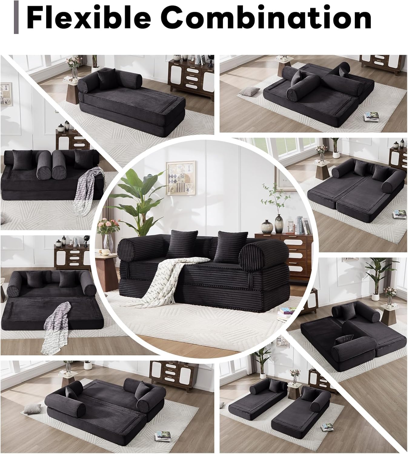 Tbfit 79'' Convertible Sofa Bed, Oversized Corduroy Folding Boneless Couch, Futon Mattress Sleeper Sofa, Comfy Foldable Upholstered Floor Couches for Living Room, Black