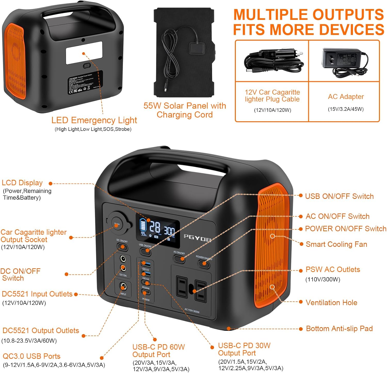 Portable Power Station with 55W Solar Panel  299Wh LiFePO4 Backup Battery 300W Pure Sine Wave AC (600W Peak) Car Outlets PD 60W QC3.0 Solar Generator Power Bank for Camping  Emergency  CPAP