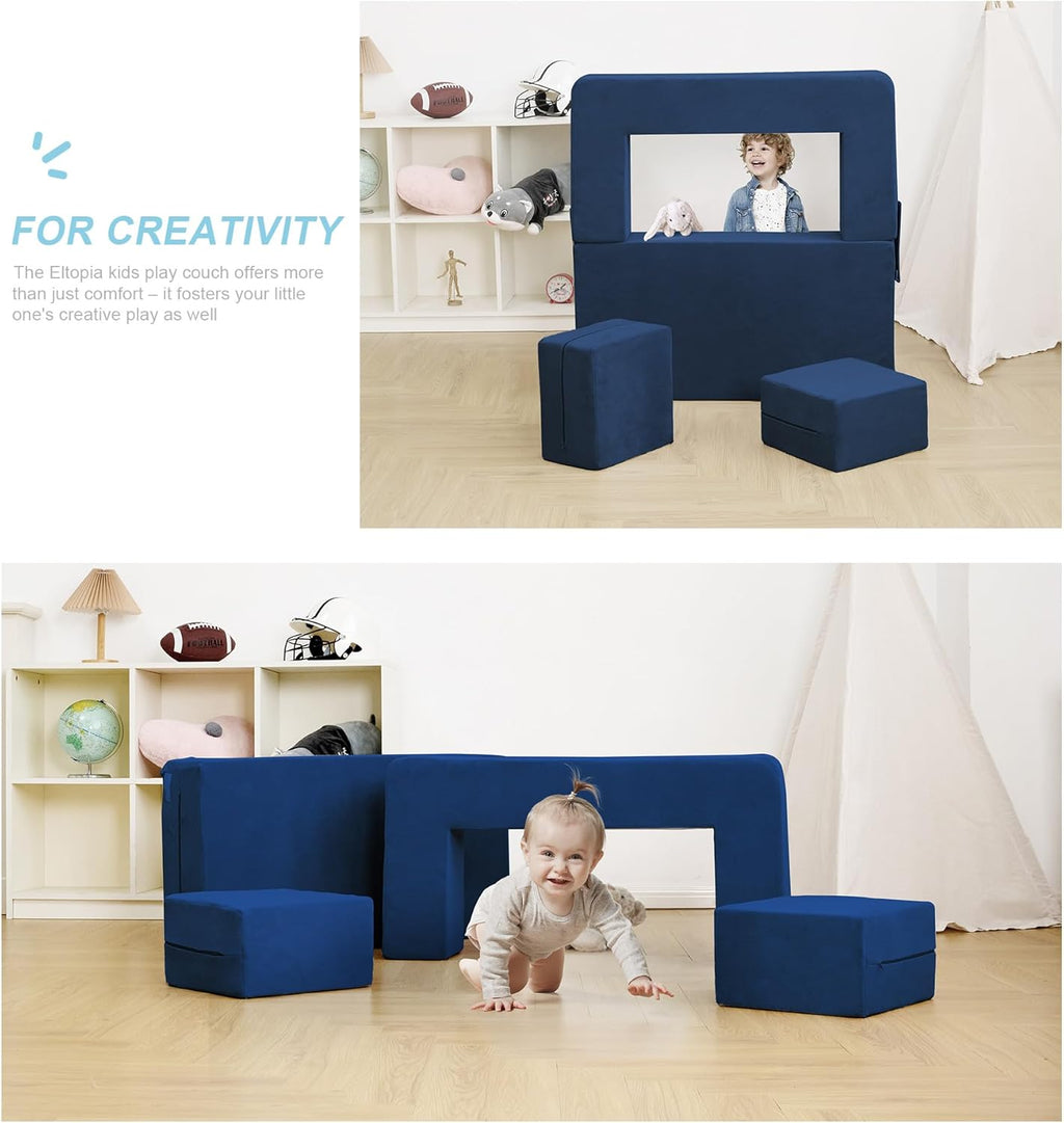 Elftopia Modular Kids Sofa,Toddler Couch Foam Armchair for Kids, Children Convertible Plush Sofa Play Set,Fold Out SofaBed(Navy)