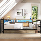 Bellemave Twin Corner Bed Frame with Desk and Storage, Twin Size Captains Bed with Charging Station and LED Light, Wood Daybeds with L-Shaped Bookcase and 2 Drawers, Grey