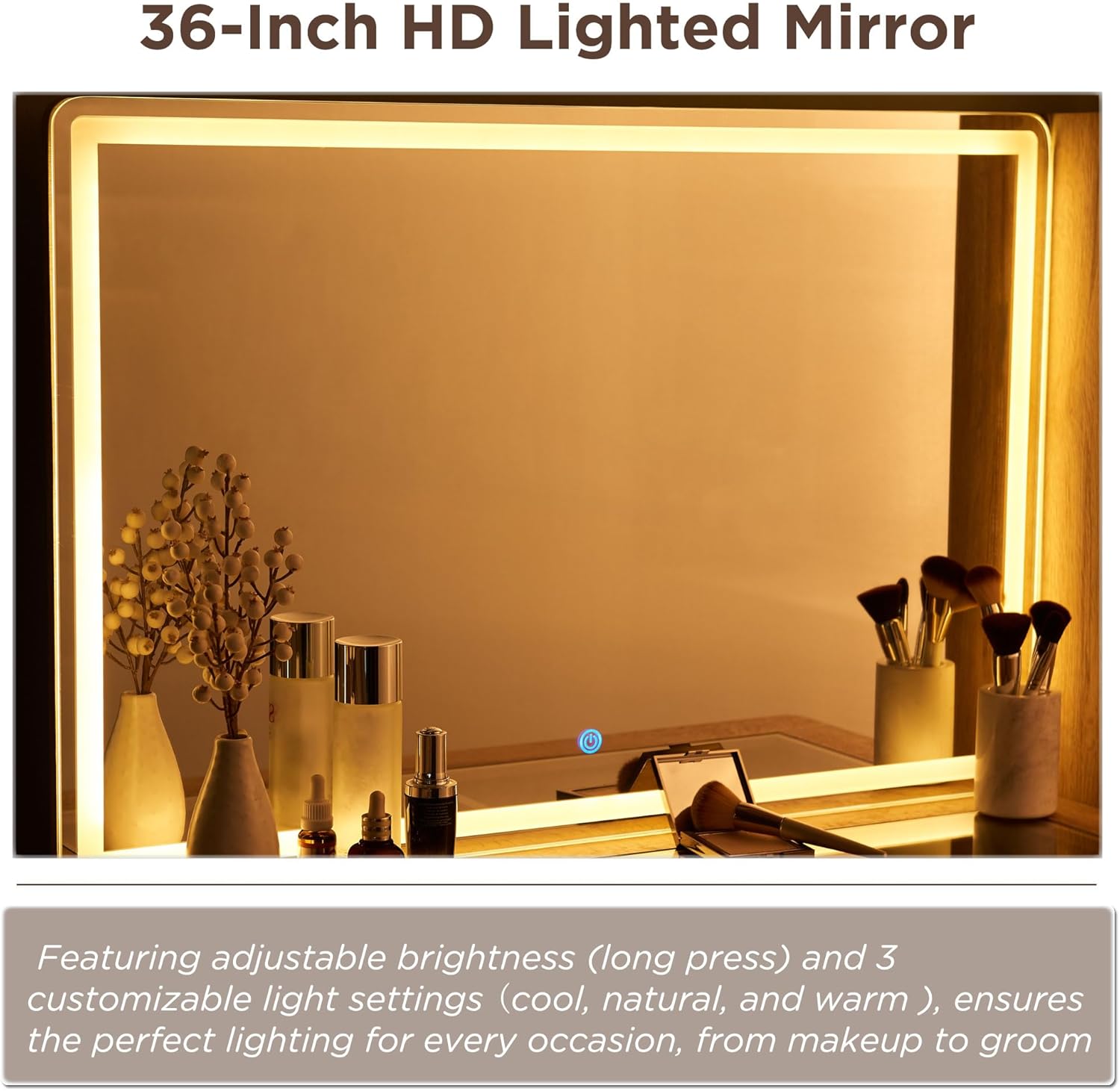 RedLemon 48" Fluted Vanity Desk with 36" Large HD Mirror and Lights, Modern Wood Glass Tabletop Makeup Table with Adjustable Storage Shelves, 5 Drawers, Charging Station for Bedroom, Natural Oak