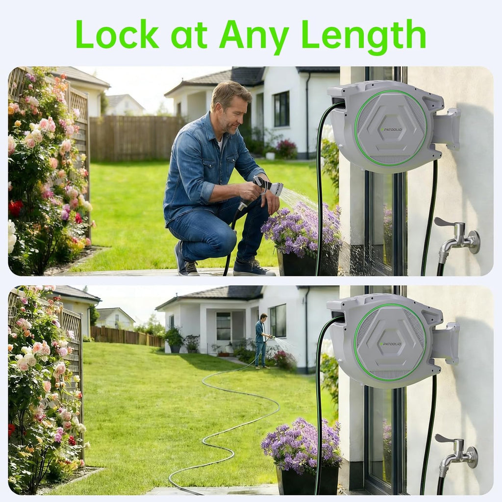 Retractable Garden Hose Reel 5/8 in x 100 ft  Heavy Duty Wall Mounted Water Hose Reel with 9-Pattern Nozzle  Any Length Lock  Automatic Slow Return System  180° Swivel Bracket  UV Resistant