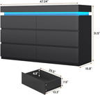 6 Drawer Dresser with LED Light, Black Modern Chest of Drawers for Bedroom,Closet Dressers with Drawers for Living Room, Entryway, Hallway