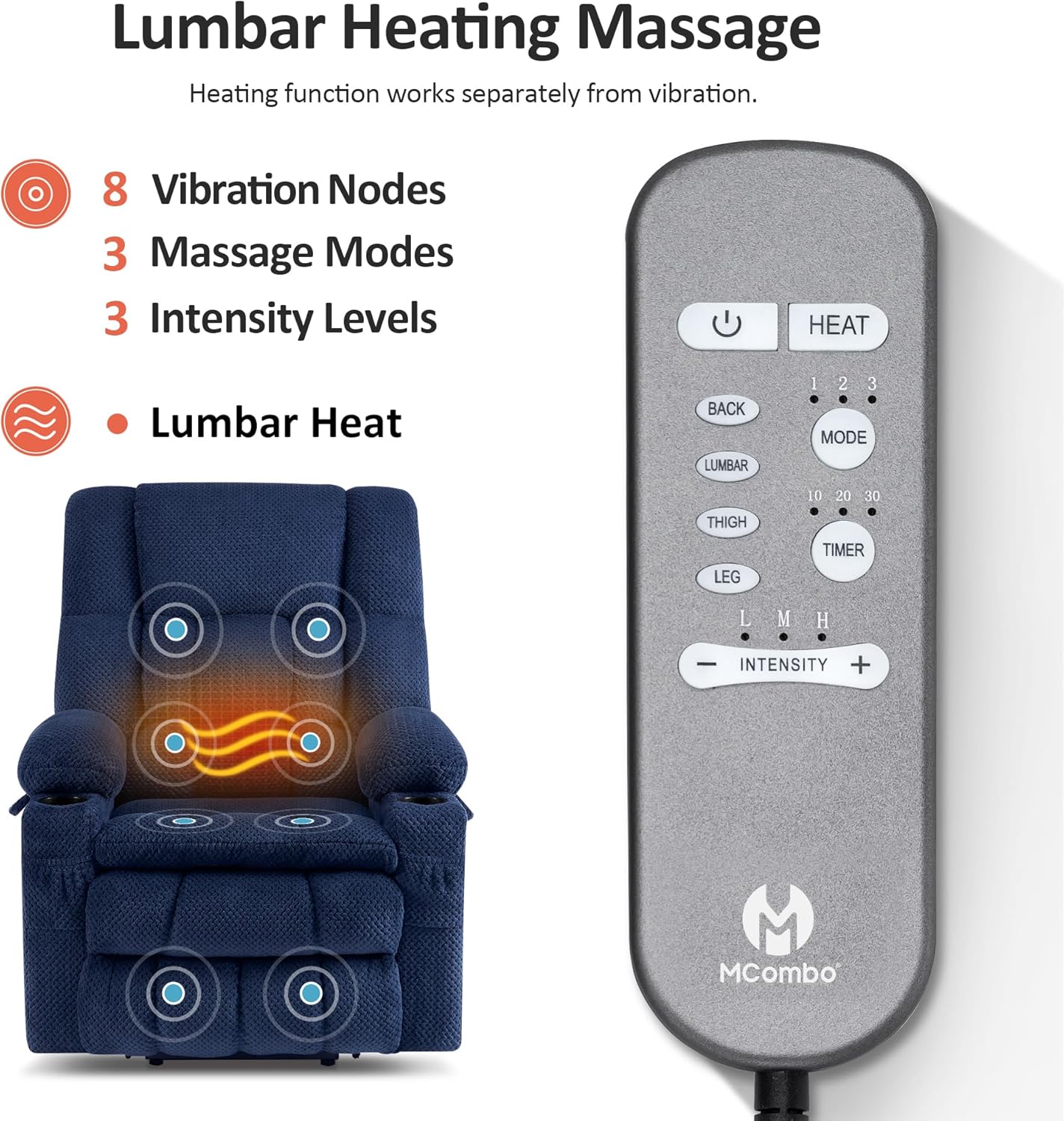 MCombo Dual Motor Power Lift Recliner Chair with Massage and Heat for Elderly People, Infinite Position, USB Ports, Cup Holders, Fabric 7890 (Medium, Yale Blue)