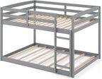 KOMFOTT Low Bunk Bed Full Over Full, Solid Wood Full Bed Frame with Built-in Ladder & Safety Guardrails, No Box Spring Needed, Space-Saving Low Bunk Bed for Kids & Teens