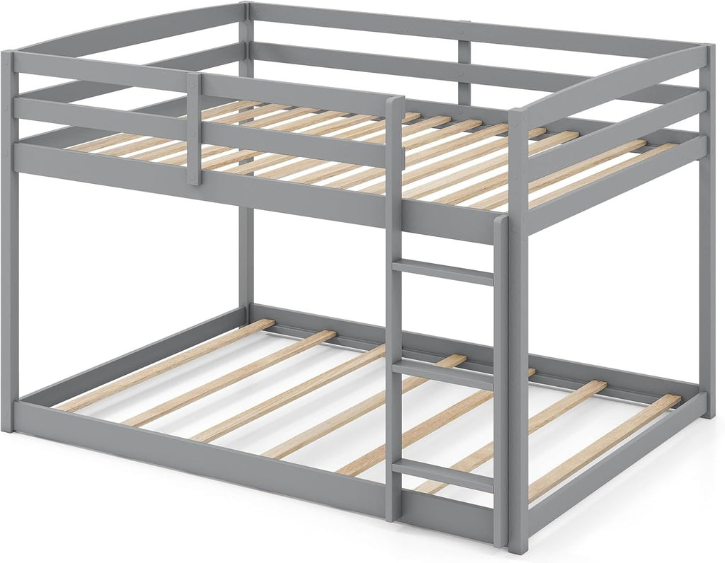 KOMFOTT Low Bunk Bed Full Over Full, Solid Wood Full Bed Frame with Built-in Ladder & Safety Guardrails, No Box Spring Needed, Space-Saving Low Bunk Bed for Kids & Teens