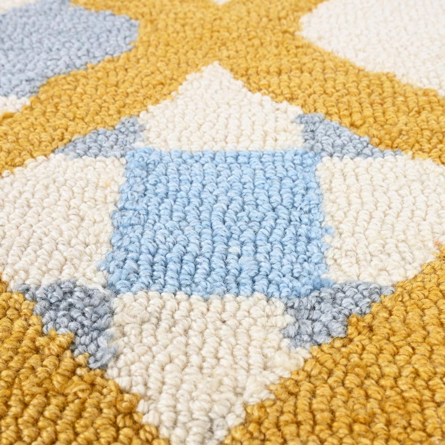 Hand-Tufted Wool Rug with Scalloped Edges | Checkered Light Blue Plaid Pattern Yellow Motif | Cozy Soft Area Rugs Carpet for Living Room, Bedroom, Nursery (Light Blue, Mustard Yellow, 5' x 8')