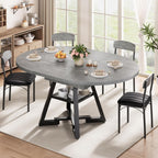 43‘’-57‘’ Extendable Round Dining Table for 4-6, Modern Industrial Kitchen Oval Dining Table with Removable Leaves, Space Saving Pedestal Base with Storage Shelf for Kitchen Living Room (Grey)