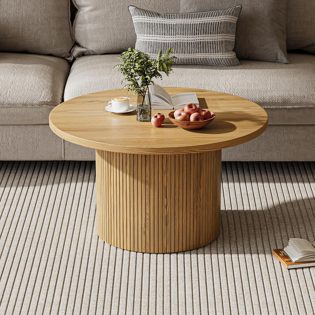 MAISONARIA Round Coffee Table with Metal Frame, 35" Coffee Tables for Living Room, Circle Wood Accent Center Table for Apartment, Oak