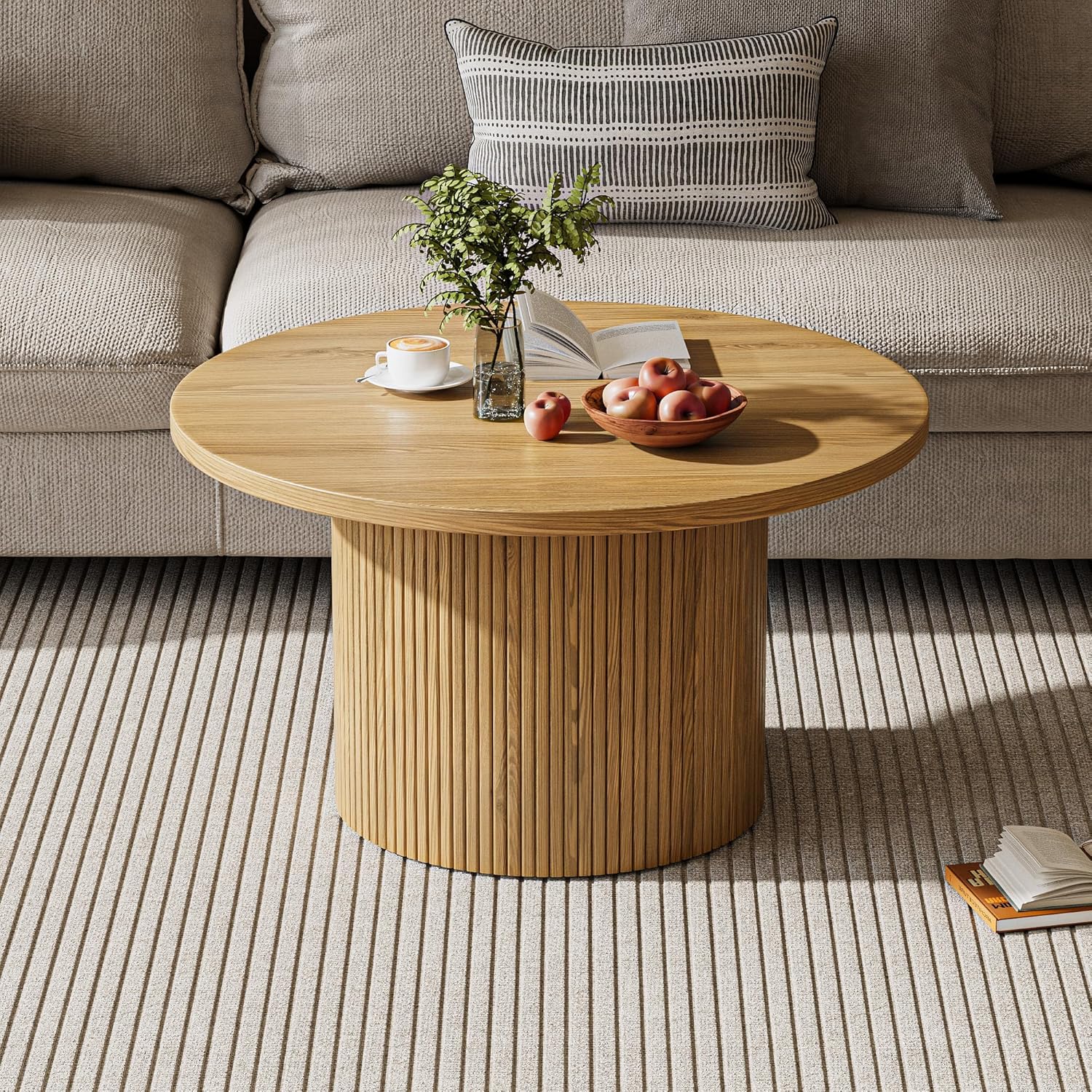 MAISONARIA Round Coffee Table with Metal Frame, 35" Coffee Tables for Living Room, Circle Wood Accent Center Table for Apartment, Oak