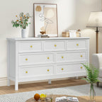 CARPETNAL White Dresser for Bedroom, 7 Drawer Dresser with Wide Drawers and Gold Metal Handles, 55" White and Gold Dressers TV Stand, Modern Dressers & Chests of Drawers for Hallyway, Entryway.