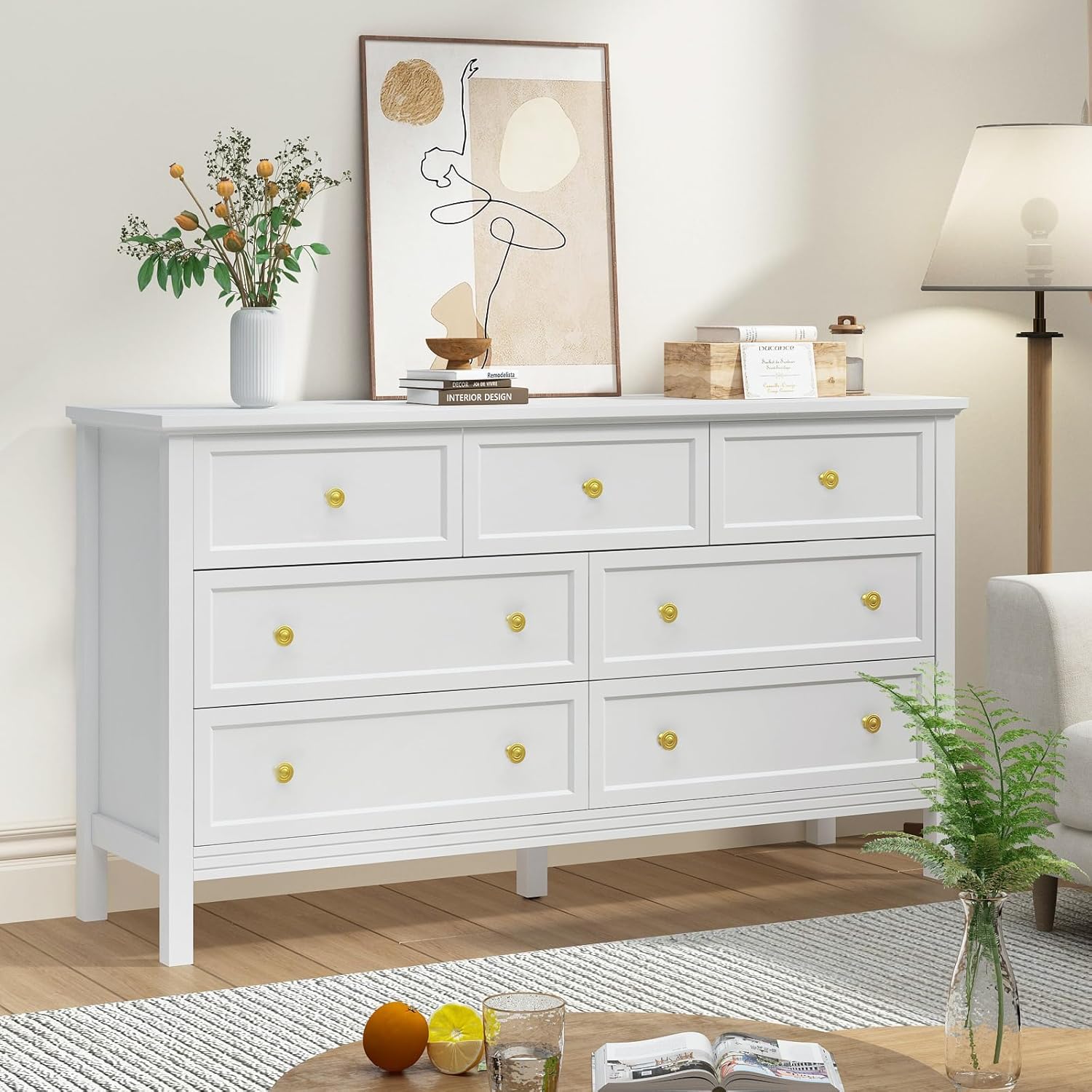 CARPETNAL White Dresser for Bedroom, 7 Drawer Dresser with Wide Drawers and Gold Metal Handles, 55" White and Gold Dressers TV Stand, Modern Dressers & Chests of Drawers for Hallyway, Entryway.
