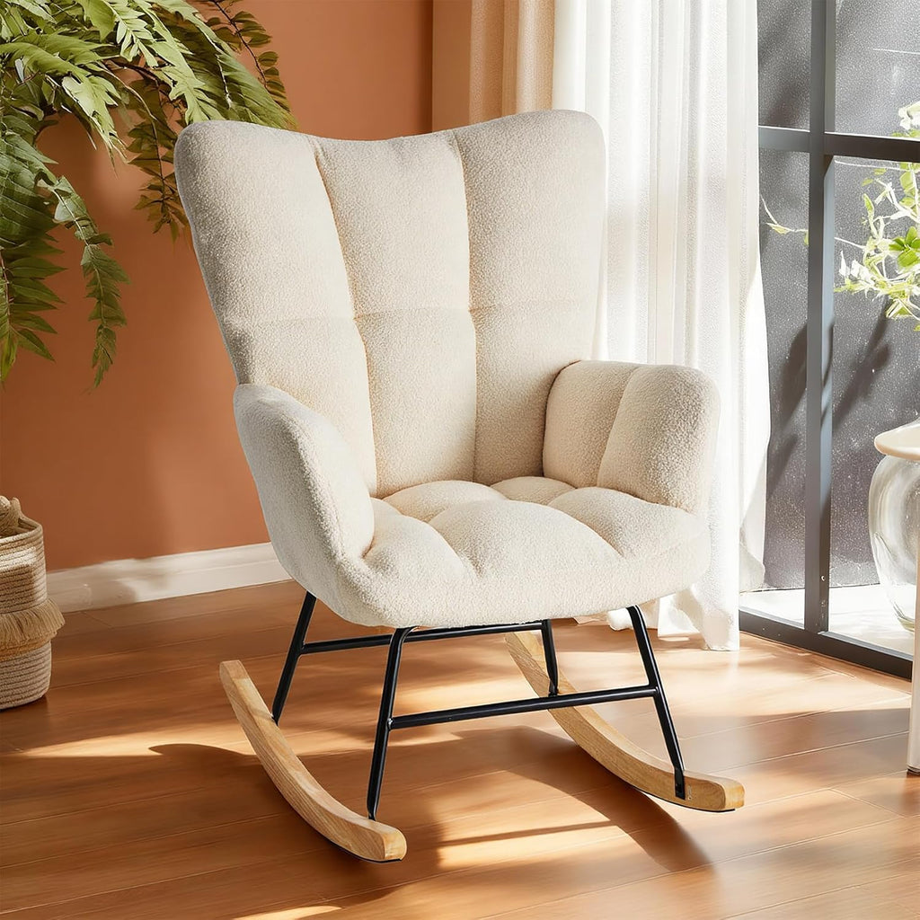 DUMOS Rocking Chair with Wing Backrest, Teddy Upholstered Indoor Reading Glider Chair with Comfy Seat for Bedroom, Living Room, Office, White