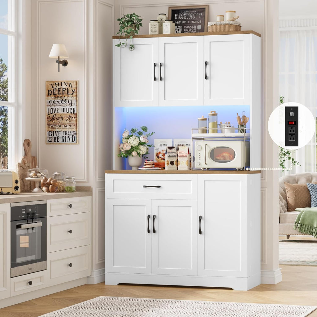 HIFIT 71" LED Pantry Cabinet with Power Outlet, Tall Kitchen Hutch Storage Cabinet with Microwave Stand & 6 Door Shelves, Modern Food Pantry Cabinets with Drawer for Kitchen Dining Living Room, White