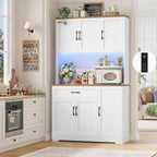HIFIT 71" LED Pantry Cabinet with Power Outlet, Tall Kitchen Hutch Storage Cabinet with Microwave Stand & 6 Door Shelves, Modern Food Pantry Cabinets with Drawer for Kitchen Dining Living Room, White