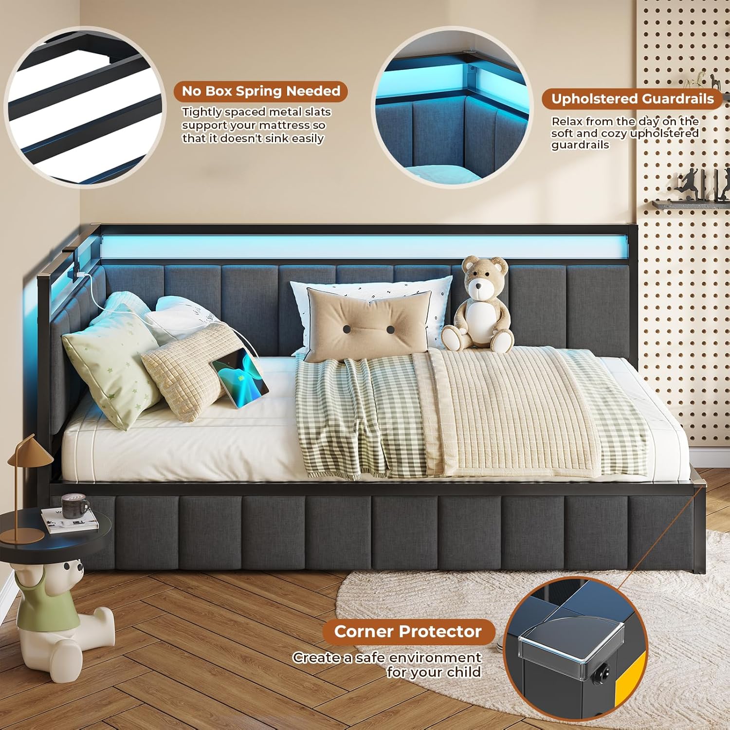 DICTAC Twin Corner Bed Frame with 2 Storage Drawers and Charging Station Twin Bed Frames with Storage and Led Lights Twin Size Daybed for Kids Teen with Upholstered Guardrail,No Box Spring Needed,Gray