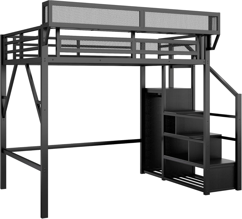 KEIKI Full Size Metal Loft Bed Frame with Convertible Staircase, Built-in Storage Shelves and Wardrobe, Loft Bed with Solid Slats, Guardrail, No Box Spring Required, Easy Assembly, for Bedroom, Black