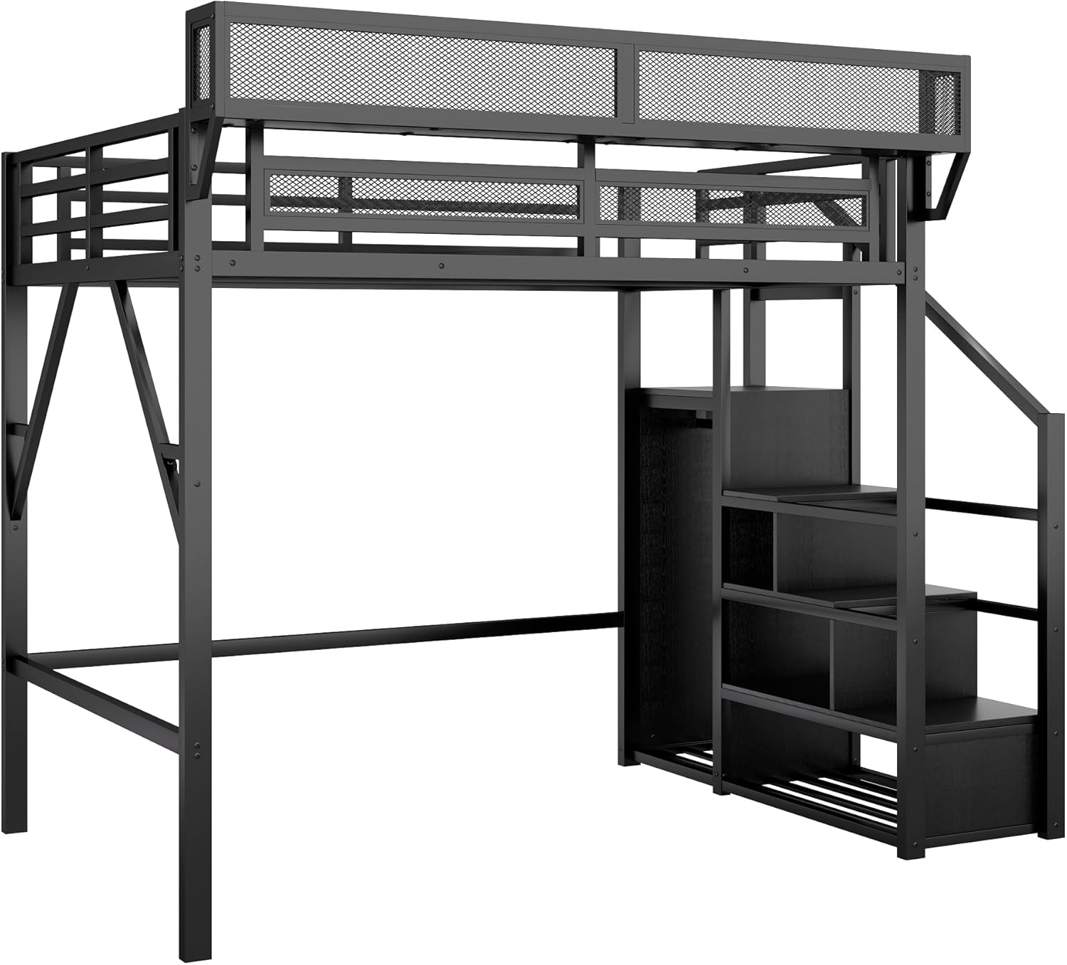 KEIKI Full Size Metal Loft Bed Frame with Convertible Staircase, Built-in Storage Shelves and Wardrobe, Loft Bed with Solid Slats, Guardrail, No Box Spring Required, Easy Assembly, for Bedroom, Black