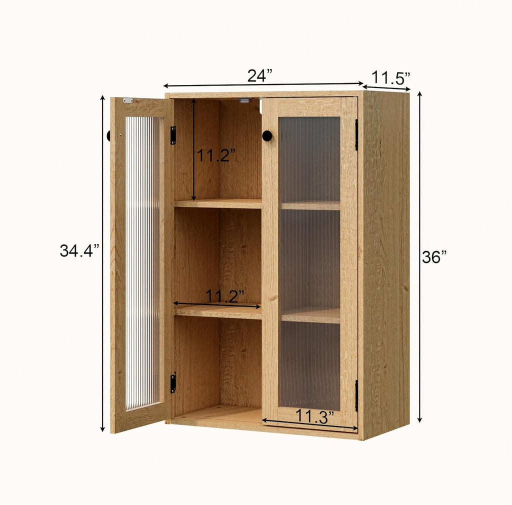 Glass Door Bookcase, Metal Display Cabinet with 2 Fixed Shelves, Wall-Mountable, Anti-Tip Safe Design, Compact Storage for Home Office, Kitchen, Living Room (Wood Tone)