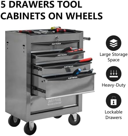 Iron-Top Rolling Tool Chest with Lockable Wheels and Side Handles, 7-Drawer Tool Storage Cabinet with Ball Bearing for Garage, Repair Shop, Required Assembly, Large Storage Capacity (Iron, 5-Gray)