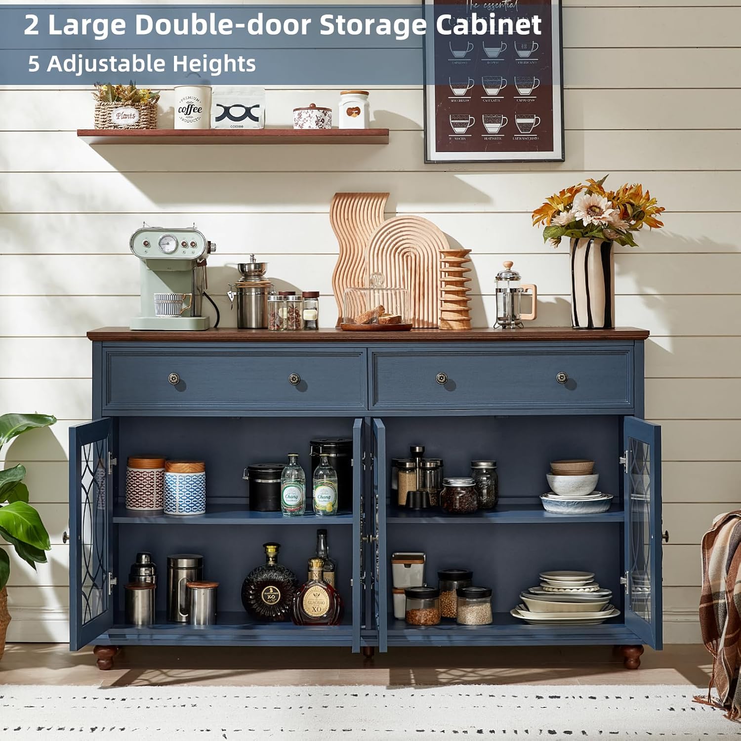 Joaxswe Farmhouse Sideboard Buffet Cabinet with Storage,59" Large Credenza with 4 Glass Doors & 2 Drawers,Adjustable Shelves Console Table,Wood Kitchen Coffee Bar for Dining Room,Living Room,Navy Blue
