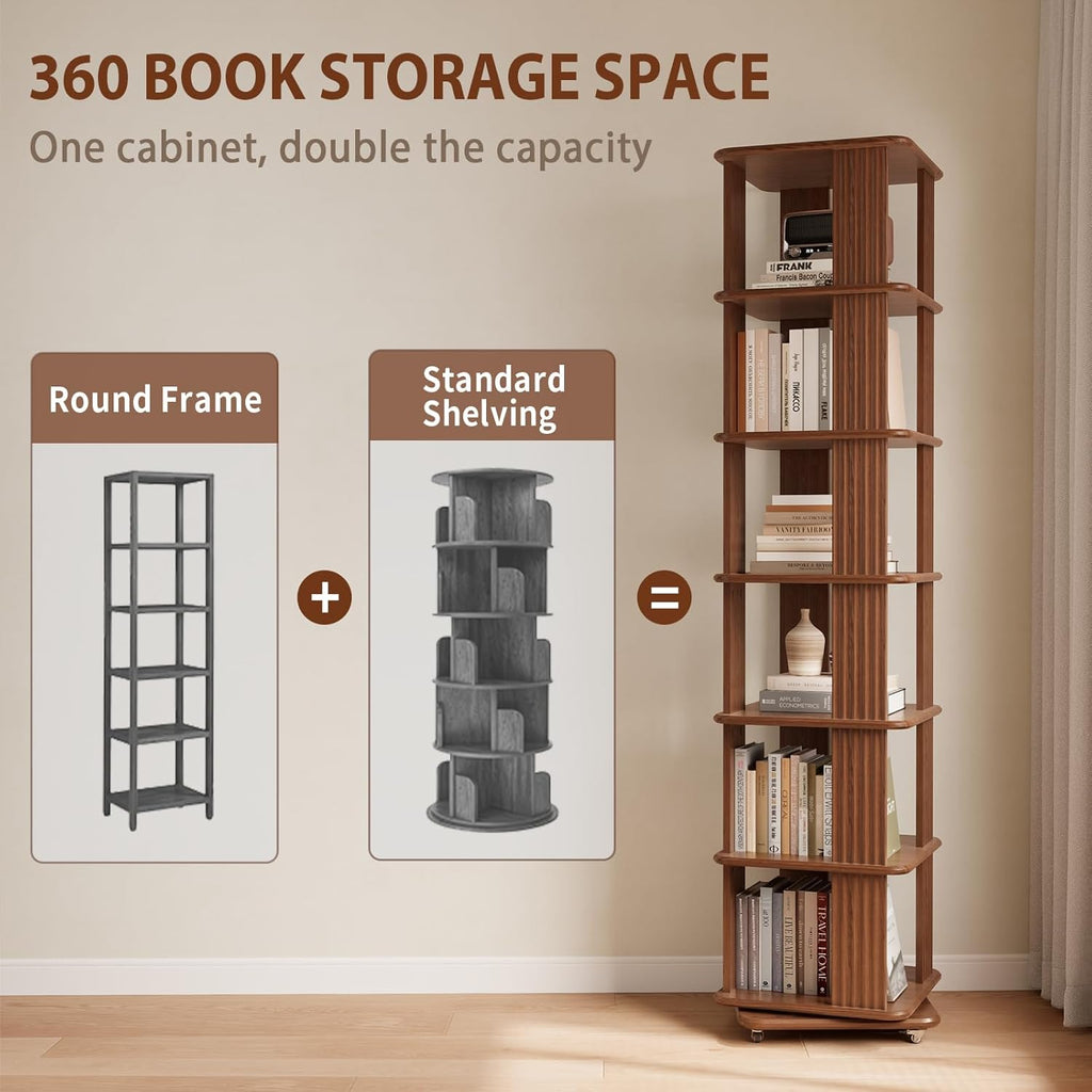 Solid Wood Rotating Bookshelf, 6-Tier Rolling Bookcase .360 Degree Revolving Bookshelf .Spinning Bookshelf Tower for Small Spaces, Bedroom .Office .Living Room .Classroom (Walnut)