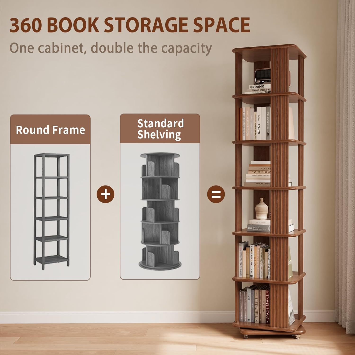 Solid Wood Rotating Bookshelf, 6-Tier Rolling Bookcase .360 Degree Revolving Bookshelf .Spinning Bookshelf Tower for Small Spaces, Bedroom .Office .Living Room .Classroom (Walnut)