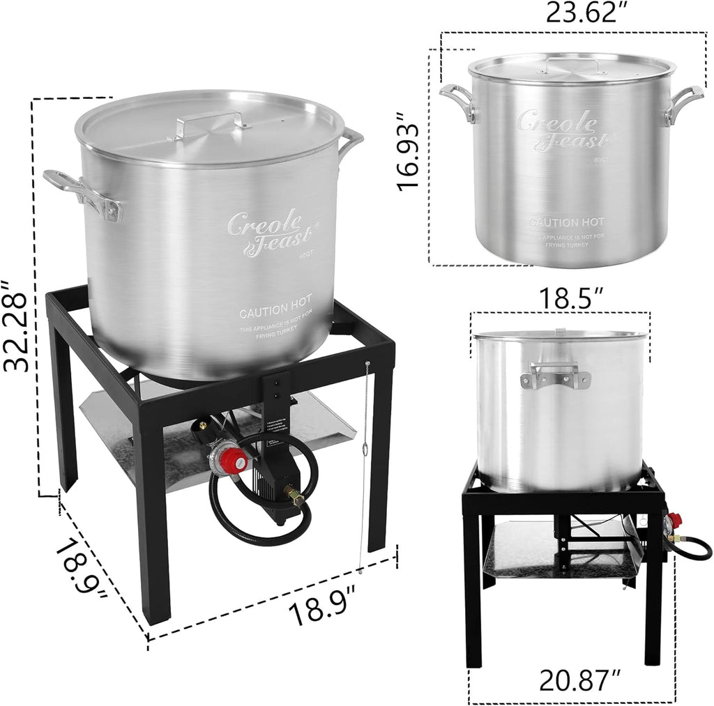 Creole Feast SBK0601 60 Qt. Seafood Boil Pot with Basket and Burner, Outdoor Aluminum Propane Boiler with 10 PSI Regulator, 100,000 BTU, Ideal for Cooking Crawfish, Crab, Shrimp, Fish
