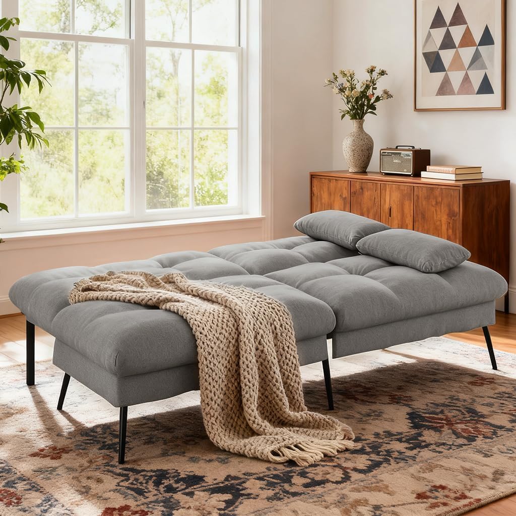 COMHOMA Convertible Futon Sofa Bed, 72″Fabric Futons Couch with Adjustable Backrest, Folding Sleeper Recliner for Living Room Furniture (Grey)