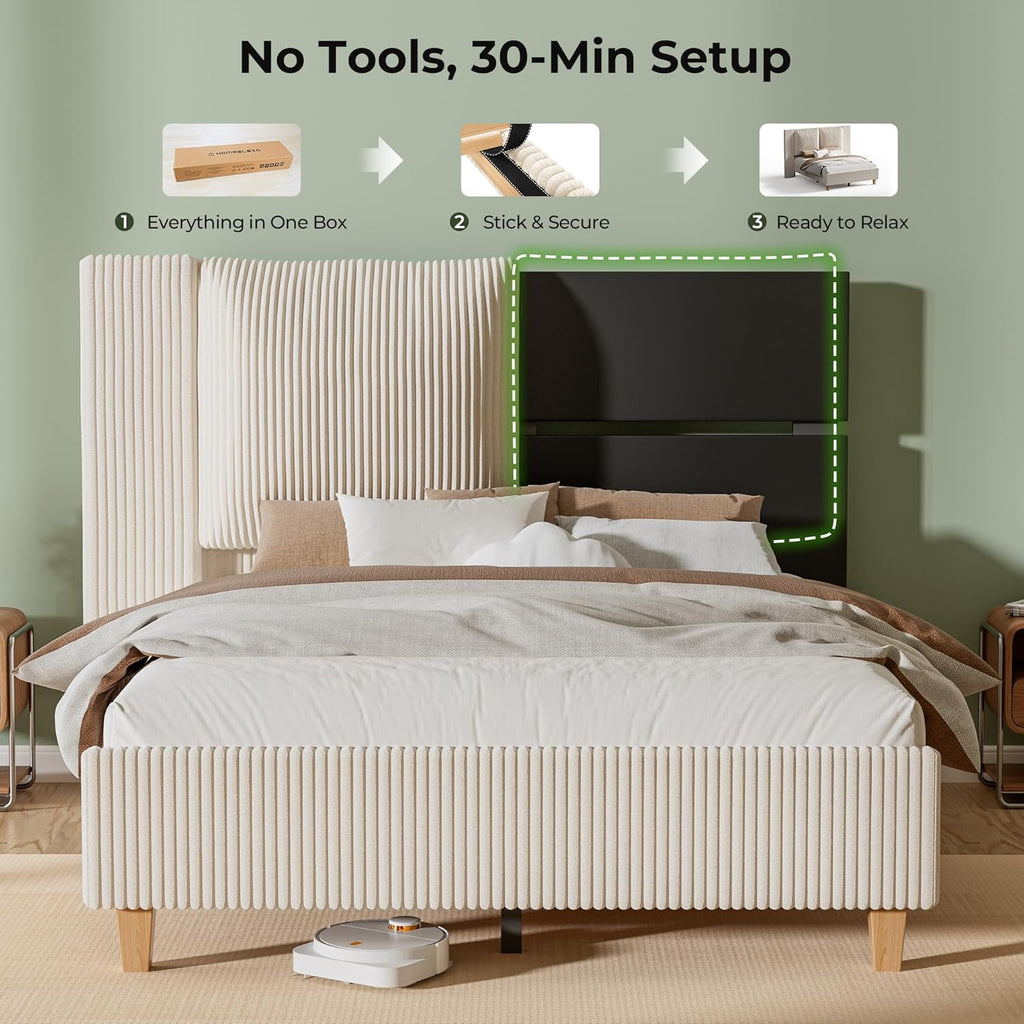 Full Upholstered Bed Frame with 51" Tall Headboard & Widened Corduroy Cushion, Easy Assembly, No Box Spring Needed, Cream