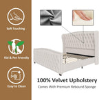 AMERLIFE King Size Platform Bed Frame, Velvet Upholstered Bed with Deep Button Tufted & Nailhead Trim Wingback Headboard/No Box Spring Required/Cream