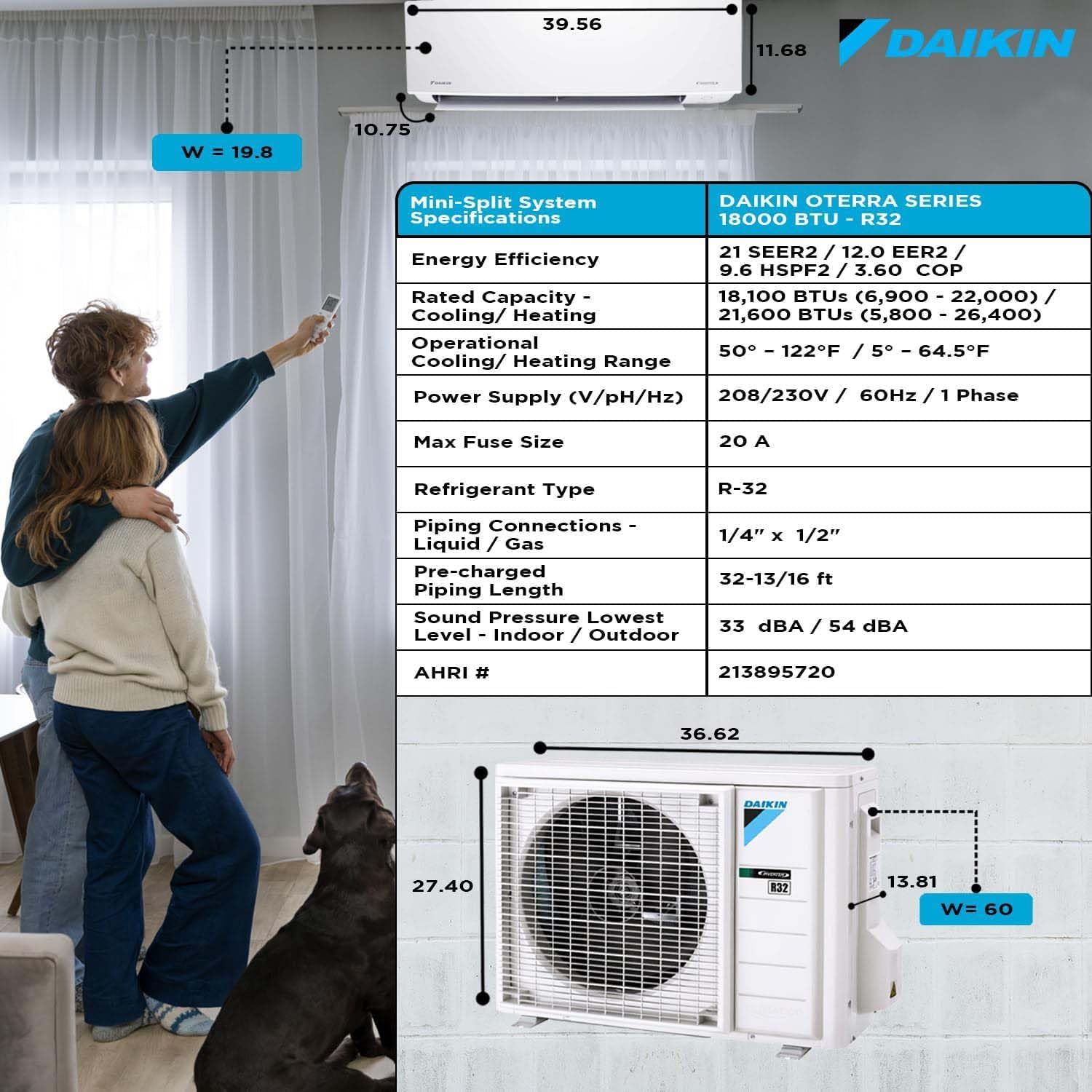 Daikin 18,000 BTU 21 SEER2 Oterra R32 Series Ductless Mini-Split Air Conditioner with Installation Kit and Wall Bracket- 230V