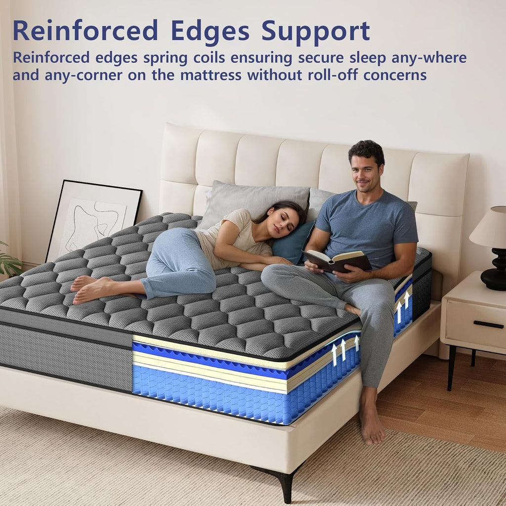 Queen Mattress, 14 Inch Queen Hybrid Mattress in a Box, Individual Pocket Spring for Motion Isolation & Pressure Relief, Medium Firm & Reinforced Edge Support, CertiPUR-US Certified