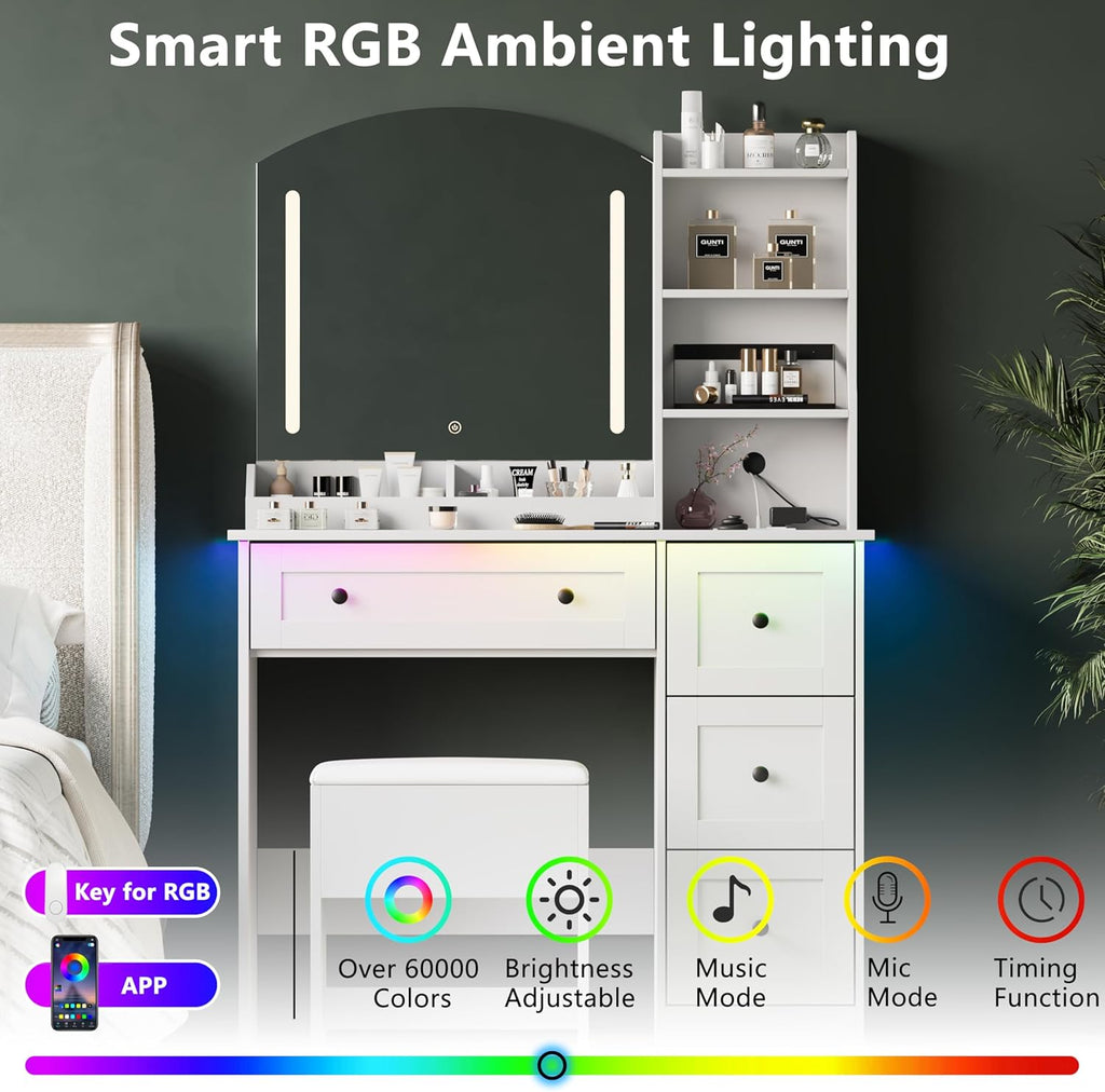 Vanity Desk with Mirror and Lights & Power Outlet, Makeup Vanity Set with Chair & RGB Ambient Light, Girls Vanity Dressing Table with 3 Lighting Modes & Adjustable Brightness for Bedroom, White