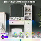 Vanity Desk with Mirror and Lights & Power Outlet, Makeup Vanity Set with Chair & RGB Ambient Light, Girls Vanity Dressing Table with 3 Lighting Modes & Adjustable Brightness for Bedroom, White