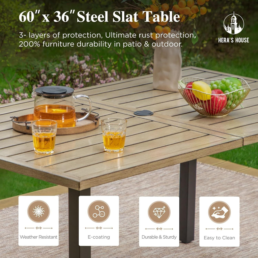 HERA'S HOUSE Outdoor Dining Table for 6, Rectangular Metal Patio Table with Umbrella Hole, 6-Person Weather Resistant Wood-Like Steel Slat Table for Lawn Garden Backyard, L60 xW36 xH29