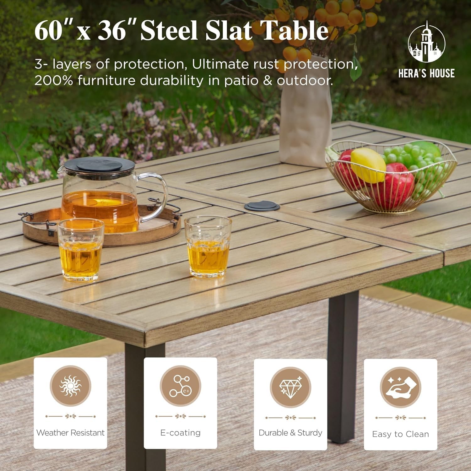 HERA'S HOUSE Outdoor Dining Table for 6, Rectangular Metal Patio Table with Umbrella Hole, 6-Person Weather Resistant Wood-Like Steel Slat Table for Lawn Garden Backyard, L60 xW36 xH29