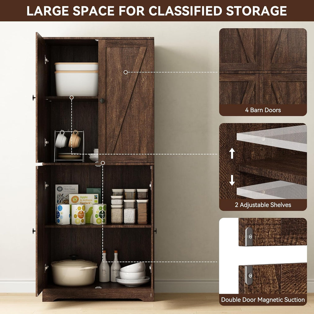 Kitchen Pantry Cabinet Set of 3, 72” Tall Farmhouse Storage Cabinet with 4 Barn Doors and Adjustable Shelves, Pantry Cabinet Versatile Storage for Kitchen, Living Room, Brown