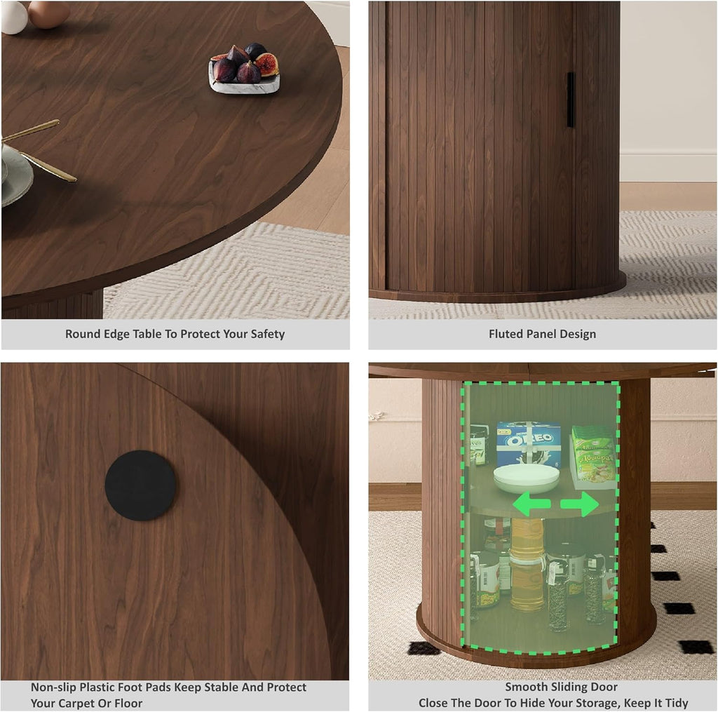 Dining Table for 4-6,59“Extendable Round Dining Room Kitchen Table with Storage,Round Table for Living Room,Fluted Wood Table with Slide Door,Expandable Oval Dinner Furniture with Pedestal Base,Walnut