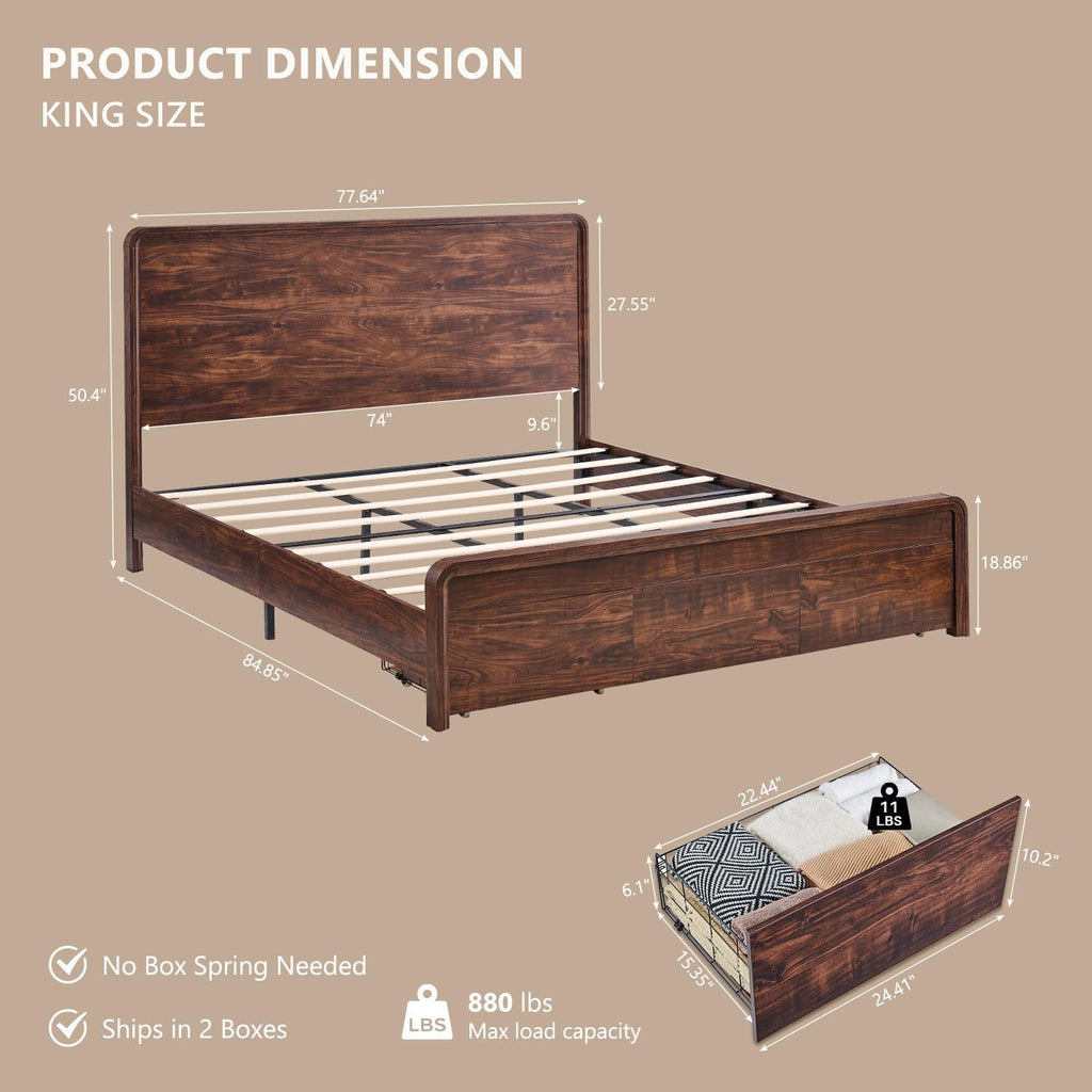 Modern King Size Bed Frame with 50" Tall Headboard, Wood King Size Platform Bed Frame w/3 Storage Drawers, Curved Profile Design, No Box Spring Needed, Easy Assembly, Noise Free, Dark Walnut