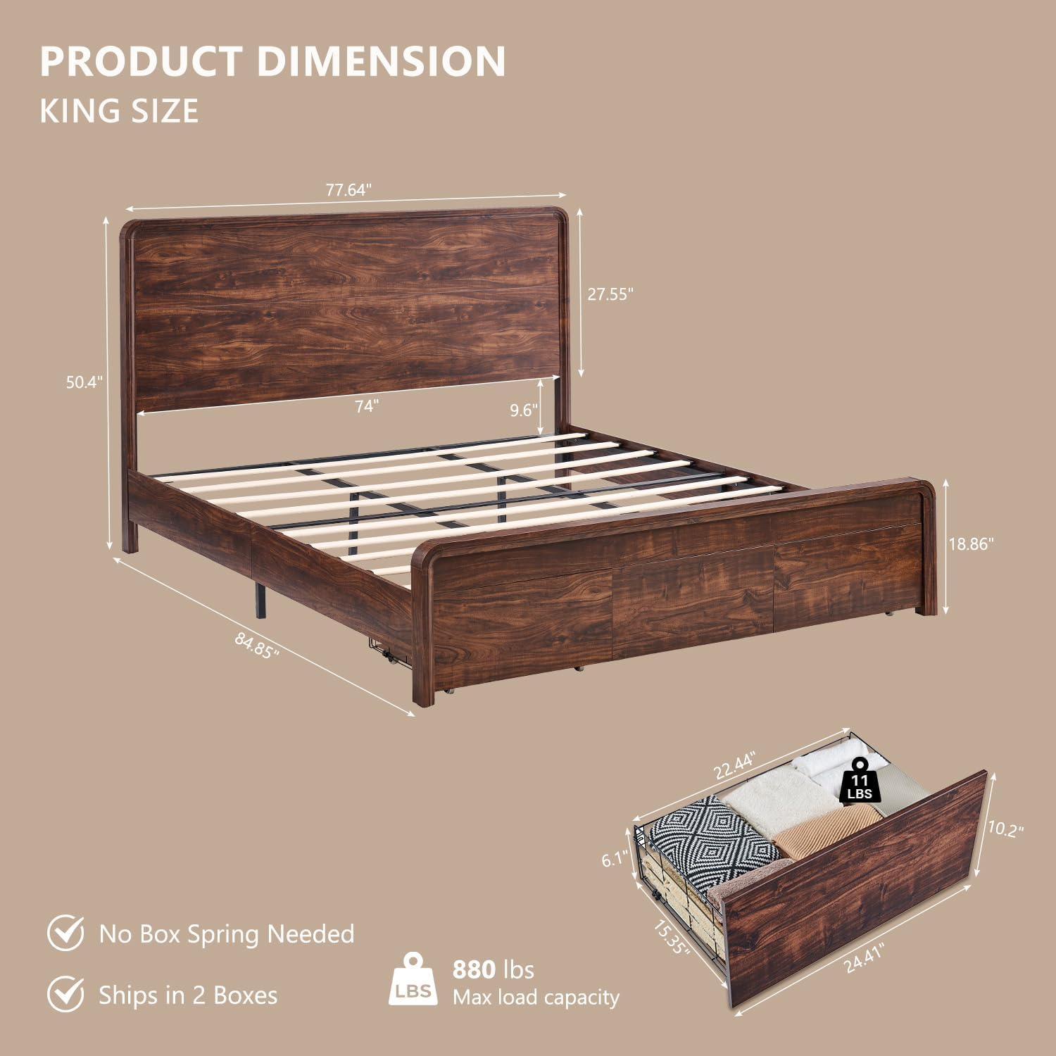 Modern King Size Bed Frame with 50" Tall Headboard, Wood King Size Platform Bed Frame w/3 Storage Drawers, Curved Profile Design, No Box Spring Needed, Easy Assembly, Noise Free, Dark Walnut