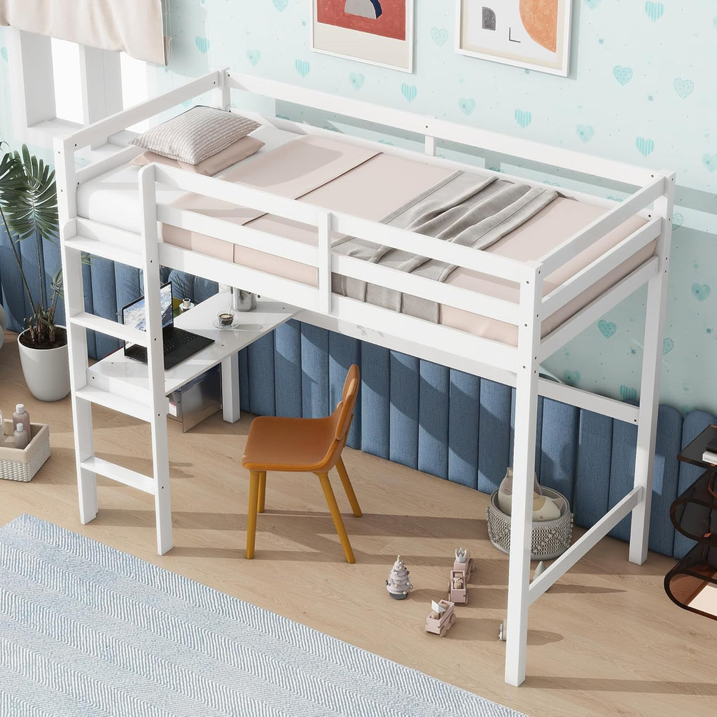 Twin Loft Bed with Desk, Wood Bed Twin Size with Ladder and Safety Guardrail, Space-Saving High Loft Bed for Kids, Adults, No Box Spring Needed, White
