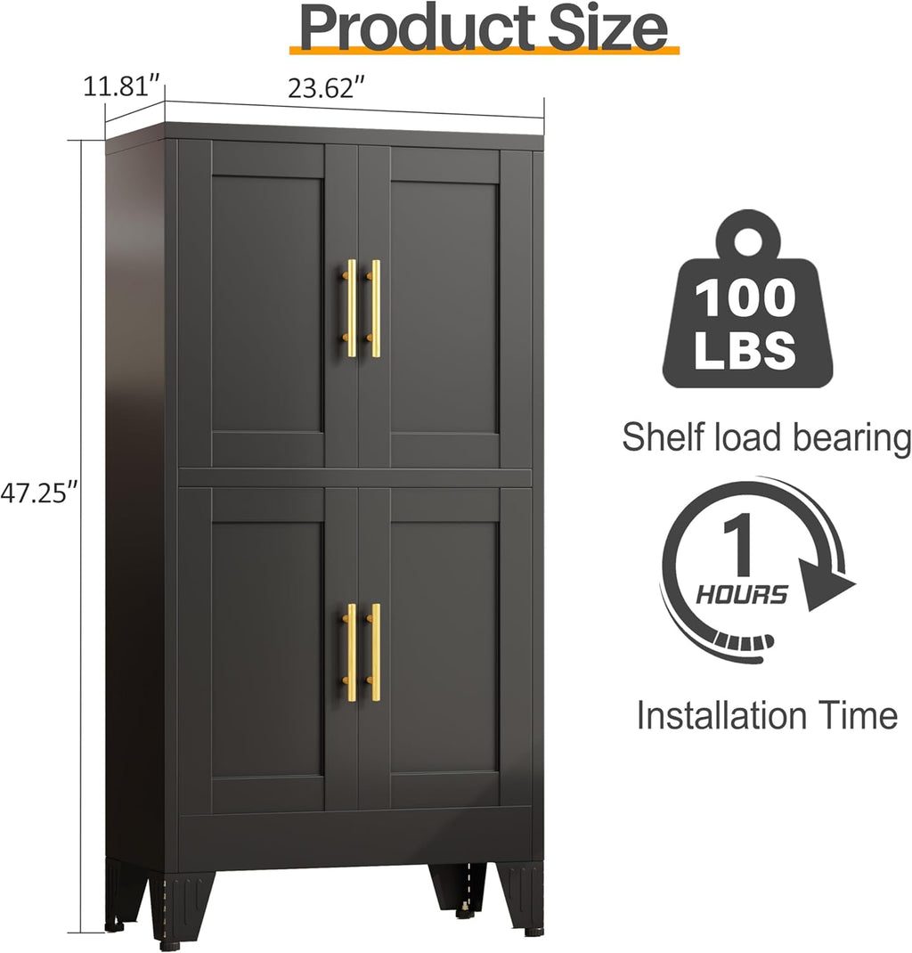 47“H Black Metal Bathroom Storage Cabinet, Kitchen Pantry Cabinet with Doors and 3 Adjustable Shelves, Bathroom cabinets Organizer, for Home Office, Bedroom