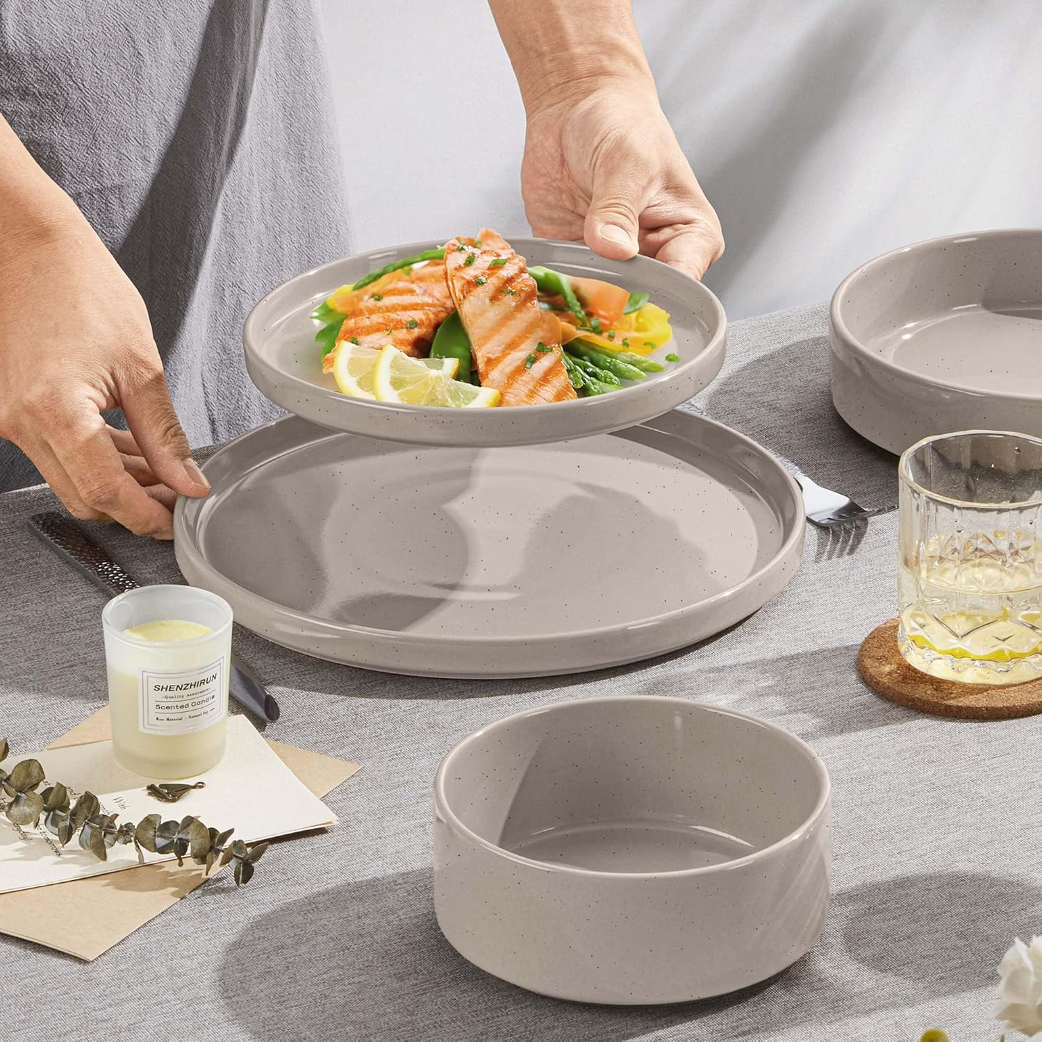 Herogo 8 Piece Plates and Bowls Set, Ceramic Dinnerware Sets with Pasta Bowls, Kitchen Dinner Ware Dishes Service for 2, Chip & Scratch Resistant Dishware, Speckled Coffee Brown