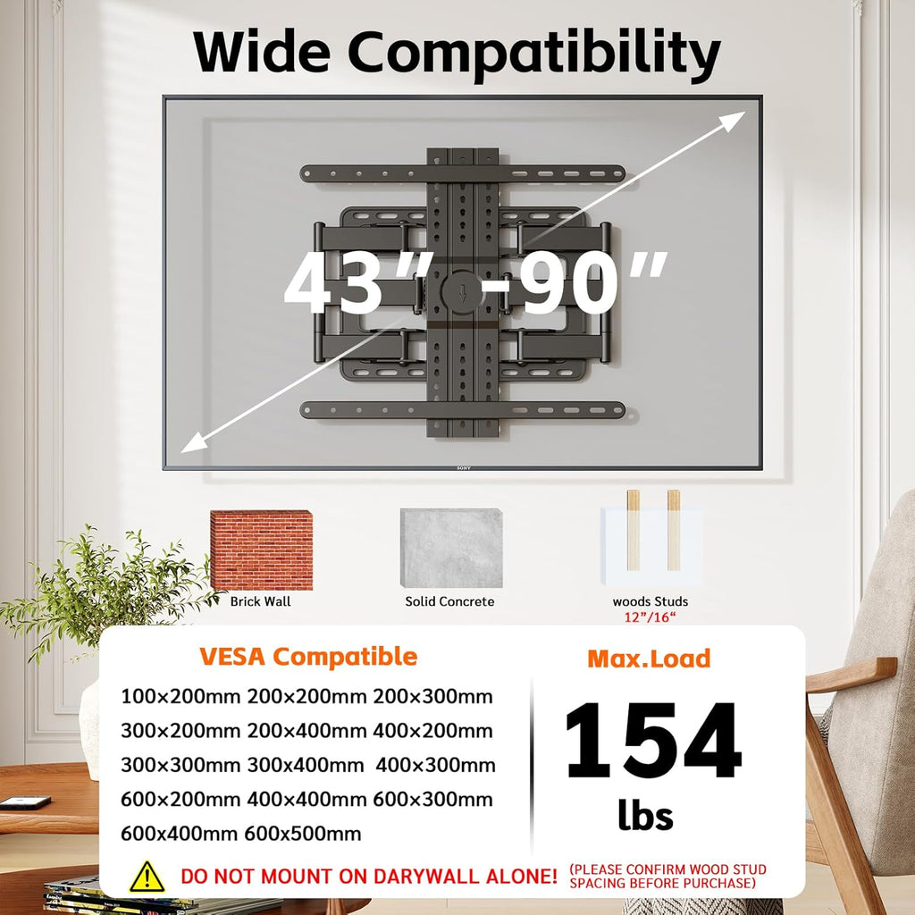 1.2" Ultra Slim TV Wall Mount for 43-90 Inch TVs,Tilt +3/-15° Level Adjustment Thin Low Profile Full Motion Bracket, Dual Swivel Articulating Arms with Tilt Fits 12"/16" Studs Max VESA 600x500mm