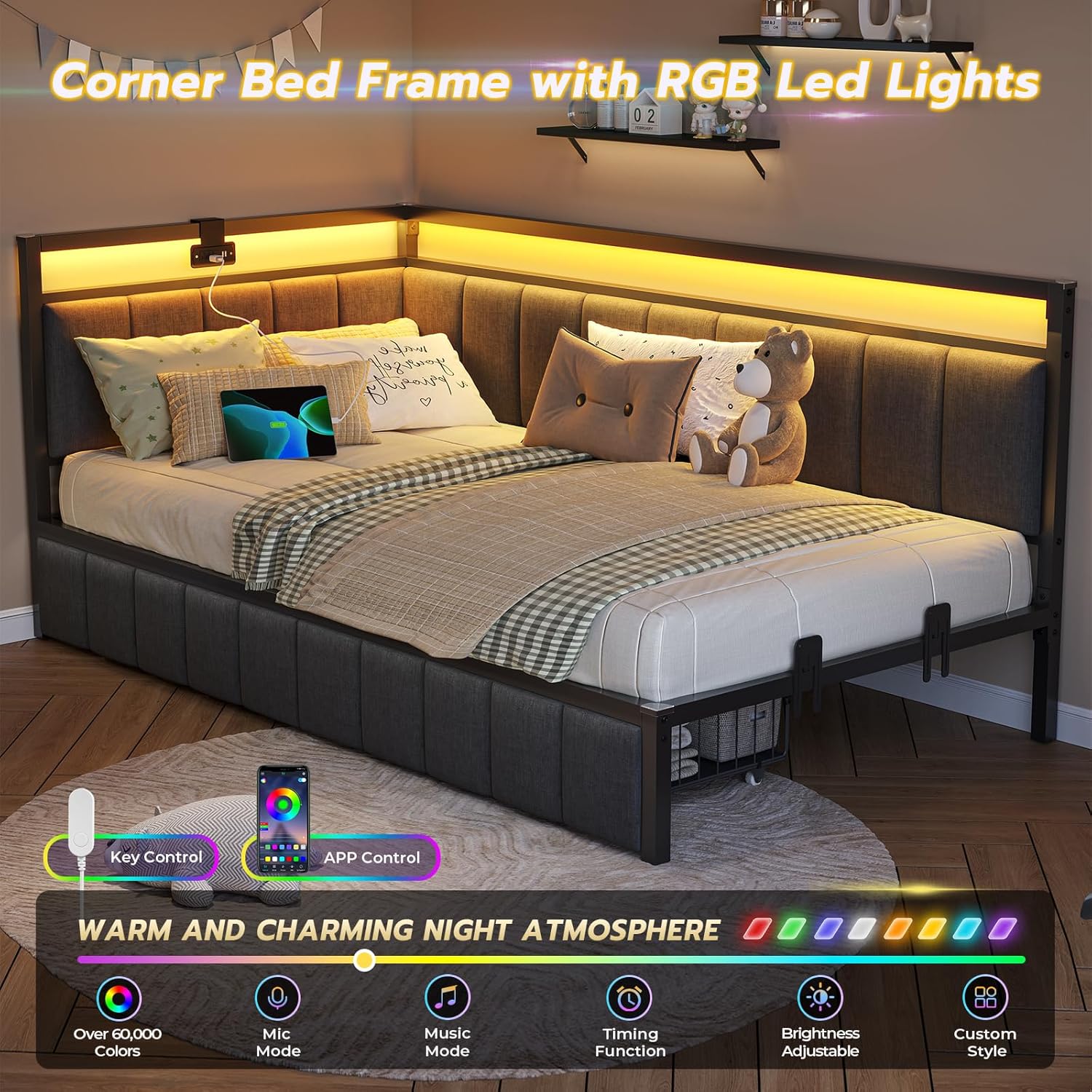 DICTAC Twin Corner Bed Frame with 2 Storage Drawers and Charging Station Twin Bed Frames with Storage and Led Lights Twin Size Daybed for Kids Teen with Upholstered Guardrail,No Box Spring Needed,Gray