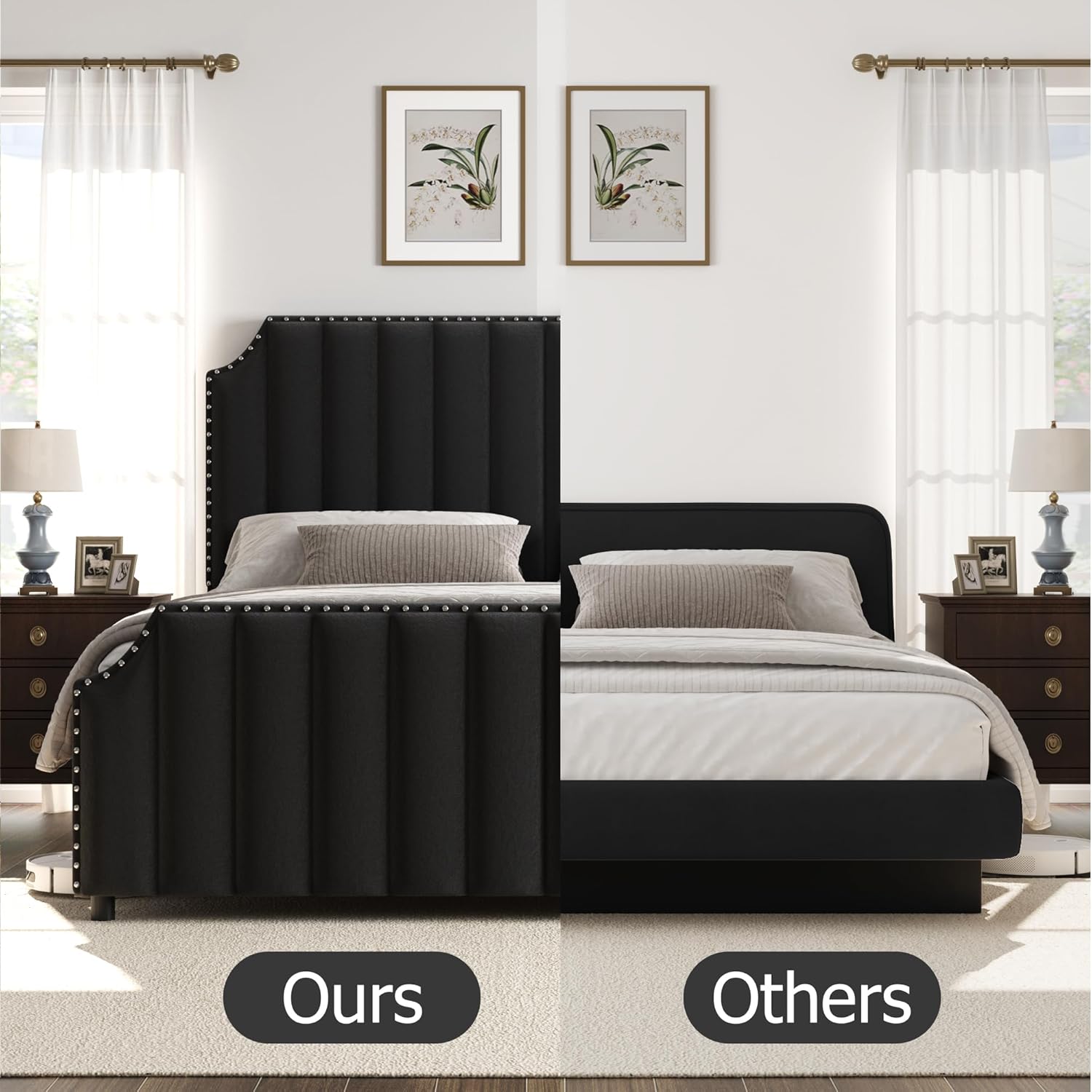 GarveeHome King Size Platform Bed Frame with 50.2 in Headboard, Velvet Upholstered Bed Frame King with Vertical Channel Tufted Headboard & Footboard, Nailhead Trim, No Box Spring Needed, Black