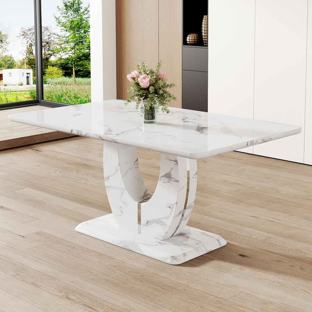 JUFU 63" Faux Marble Dining Table for 6, Modern Rectangular Kitchen & Dining Room Table, White Marble-Look MDF Top with U-Shaped Pedestal Base, Easy to Assemble